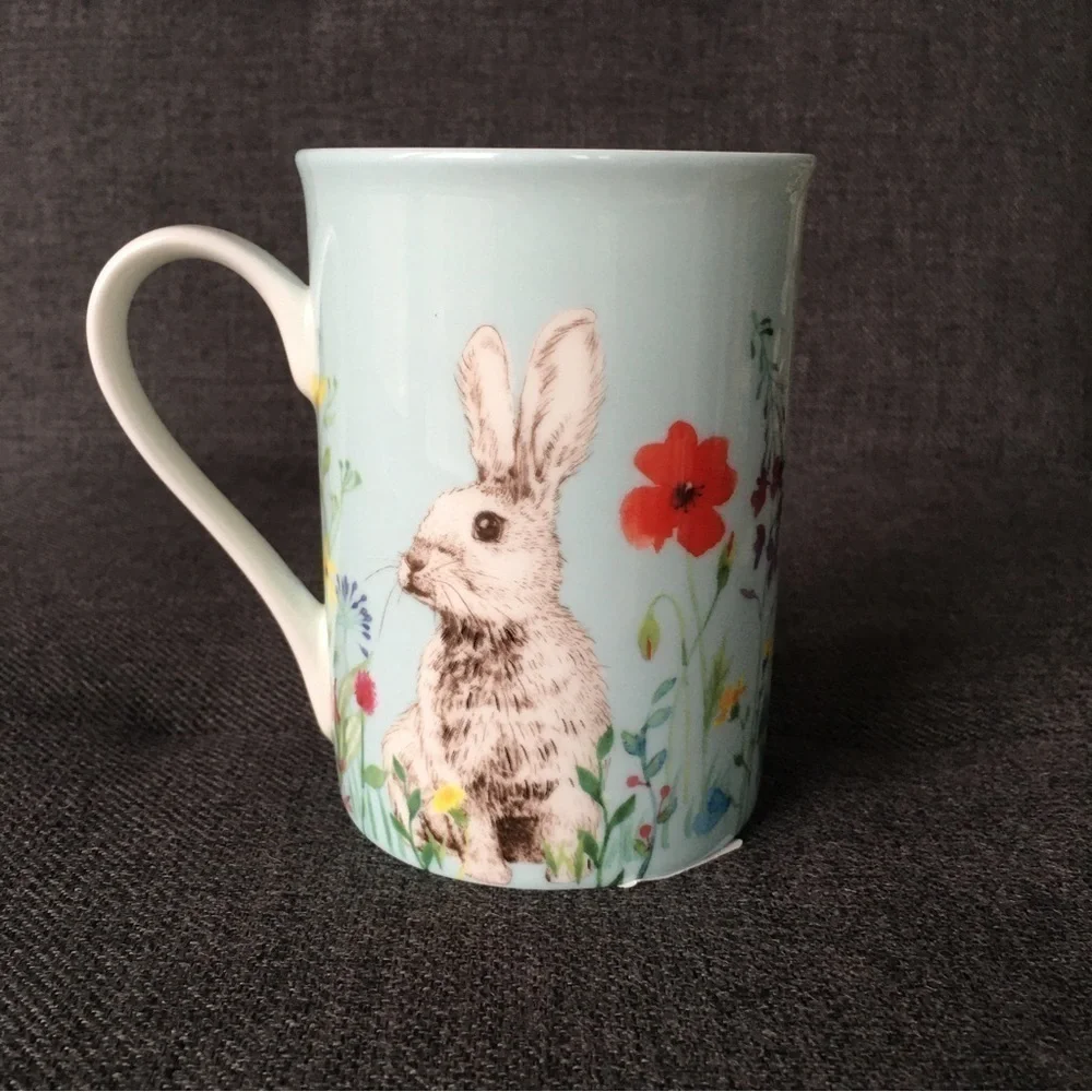 Bunny + Floral Colorful Spring Coffee, Tea Mug, Blue, White, NEW, 12 oz